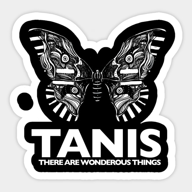 Tanis Moth (white letters) by Gareth A. Hopkins (grthink) Sticker by Public Radio Alliance